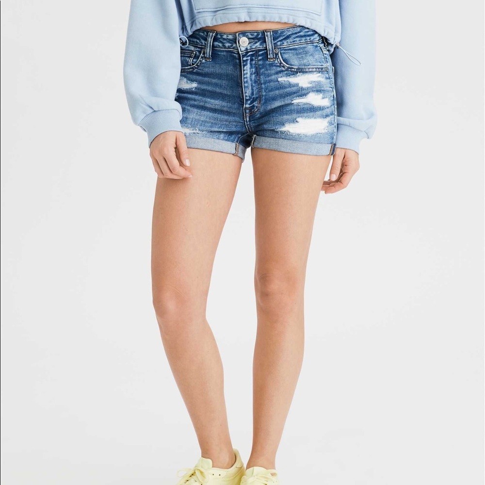 American eagle next level stretch high rise shortie distressed denim shorts